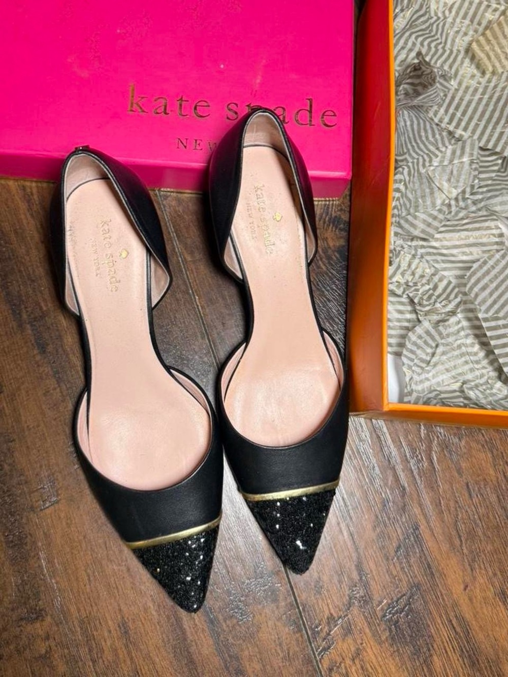 kate spade Black Pointed D'Orsay Flats with Glitter Cap and Gold Trim